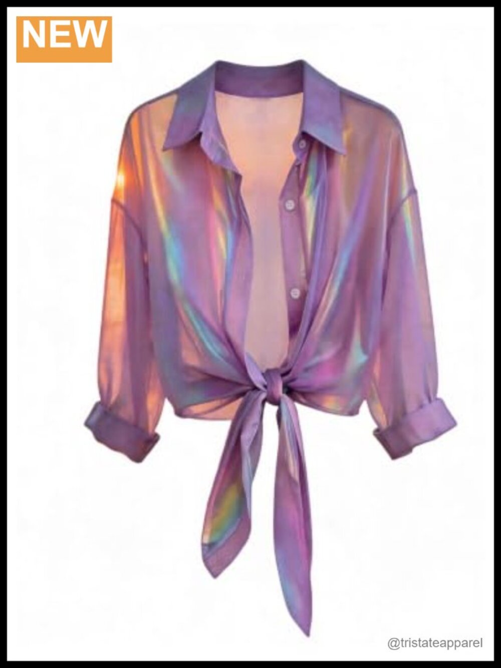 Sheer Mesh Collared Blouse Tie Front Button Down Long Sleeve Top